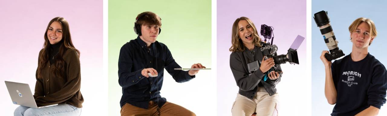 The person on the left is holding a computer with a purple background, the next person is pretending to type on a computer with a green background, next is holding a camera with a purple background and final person on the right is holding a camera with a